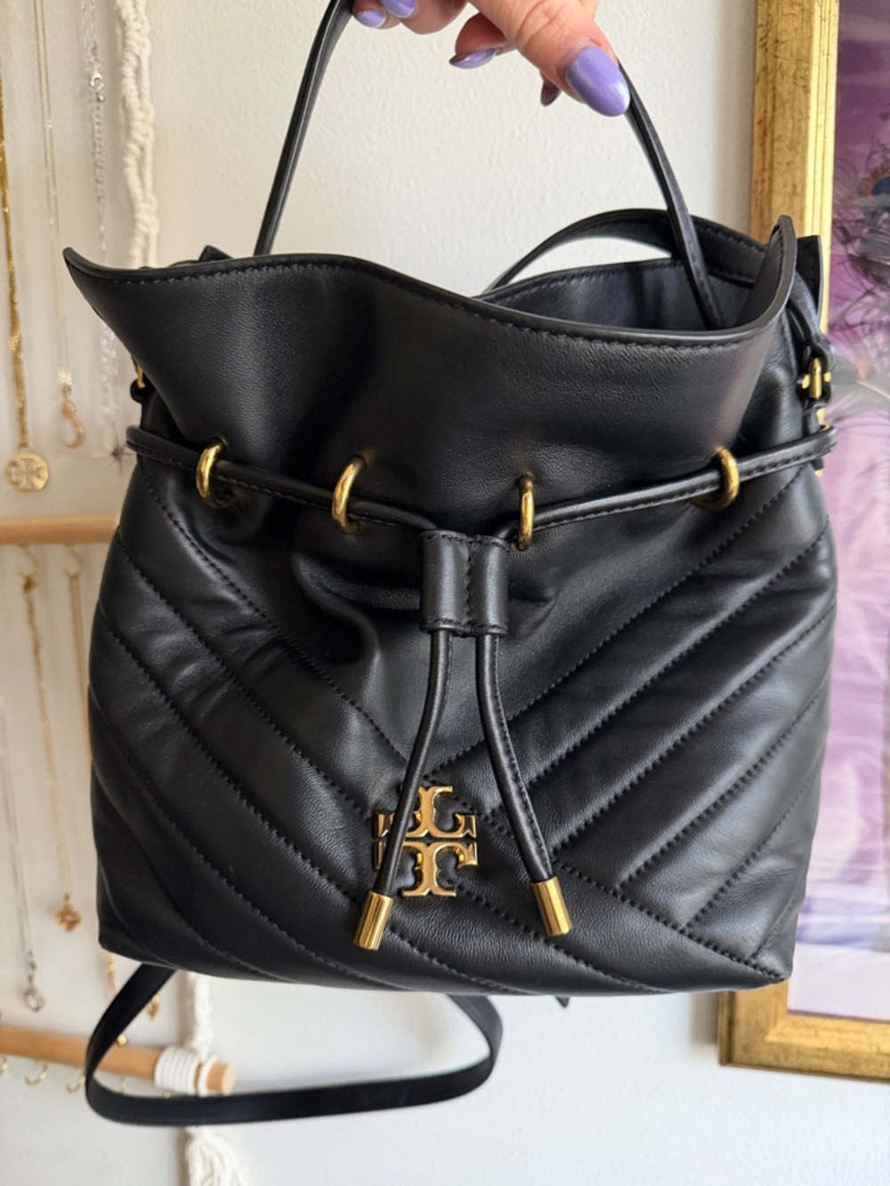 Tory Burch Kira Quilted Chevron Drawstring bucket Bag - Picture 6 of 8